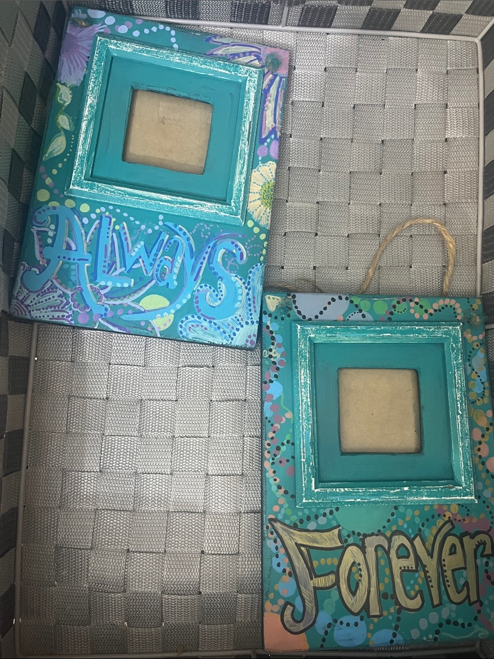 Hand-painted photo frames with “Always” and “Forever” Boho turquoise blue 720